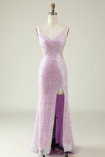 Sheath V Neck Lilac Sequins Long Ball Dress with Split Front